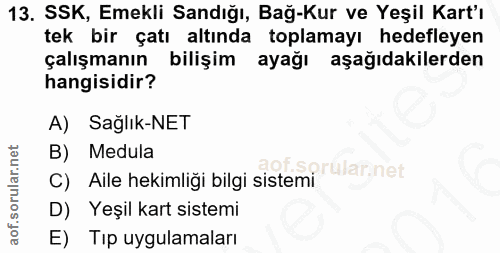 13. soru: SSK, Emekli Sandığı, Bağ-Kur ve Yeşil Kart'ı tek bir çatı altında toplamayı hedefleyen çalışmanın bilişim ayağı aşağı…