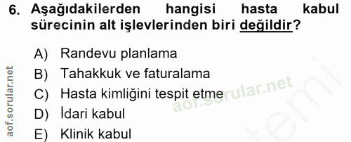 6. soru: Aşağıdakilerden hangisi hasta kabul sürecinin alt işlevlerinden biri değildir? A) Randevu planlama B) Tahakkuk ve fat…