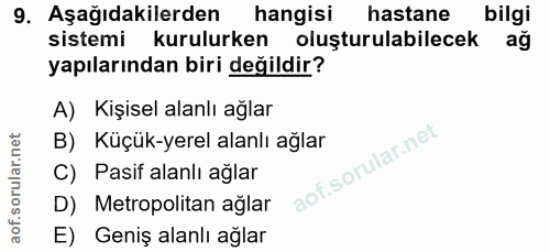 9. soru: Aşağıdakilerden hangisi hastane bilgi sistemi kurulurken oluşturulabilecek ağ yapılarından biri değildir? A) Kişisel…