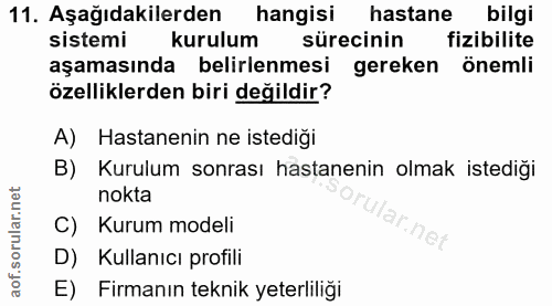 11. soru: Aşağıdakilerden hangisi hastane bilgi sistemi kurulum sürecinin fizibilite aşamasında belirlenmesi gereken önemli öze…