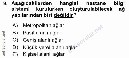 9. soru: Aşağıdakilerden hangisi hastane bilgi sistemi kurulurken oluşturulabilecek yapılarından biri değildir? A) Metropolita…