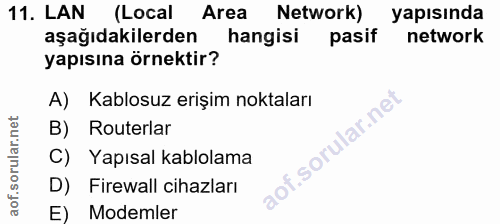 11. soru: LAN (Local Area Network) yapısında aşağıdakilerden hangisi pasif network yapısına örnektir? A) Kablosuz erişim noktal…
