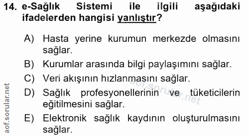 14. soru: e-Sağlık Sistemi ile ilgili aşağıdaki ifadelerden hangisi yanlıştır? A) Hasta yerine kurumun merkezde olmasını sağlar…