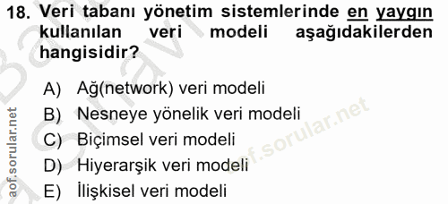18. soru: Veri tabanı yönetim sistemlerinde en yaygın kullanılan veri modeli aşağıdakilerden hangisidir? A) Ağ(network) veri mo…