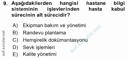 9. soru: Aşağıdakilerden hangisi hastane bilgi sisteminin işlevlerinden hasta kabul sürecinin alt sürecidir? A) Ekipman bakım…