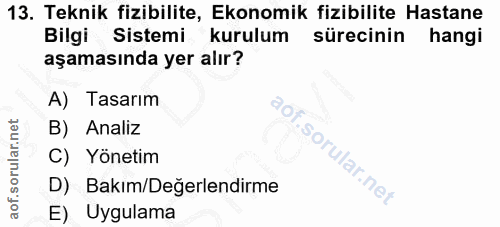 13. soru: Teknik fizibilite, Ekonomik fizibilite Hastane Bilgi Sistemi kurulum sürecinin hangi aşamasında yer alır? A) Tasarım…