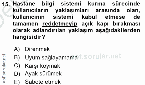 15. soru: Hastane bilgi sistemi kurma sürecinde kullanıcıların yaklaşımları arasında olan, kullanıcının sistemi kabul etmese de…