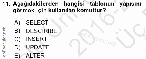 11. soru: Aşağıdakilerden hangisi tablonun yapısını görmek için kullanılan komuttur? A) SELECT B) DESCIRIBE C) INSERT f.sdyular…
