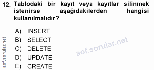 12. soru: Tablodaki bir kayıt veya kayıtlar silinmek istenirse aşağıdakilerden hangisi kullanılmalıdır? A) INSERT B) SELECT C)…
