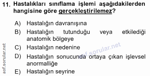 11. soru: Hastalıkları sınıflama işlemi aşağıdakilerden hangisine göre gerçekleştirilemez? A) Hastalığın davranışına B) Hastalı…