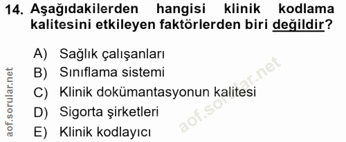 14. soru: Aşağıdakilerden hangisi klinik kodlama kalitesini etkileyen faktörlerden biri değildir? A) Sağlık çalışanları B) Sını…
