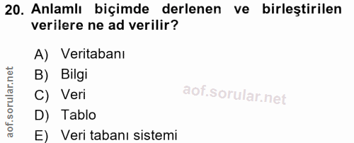 20. soru: Anlamlı biçimde derlenen ve birleştirilen verilere ne ad verilir? A) Veritabanı B) Bilgi C) Veri D) Tablo E) Veri tab…