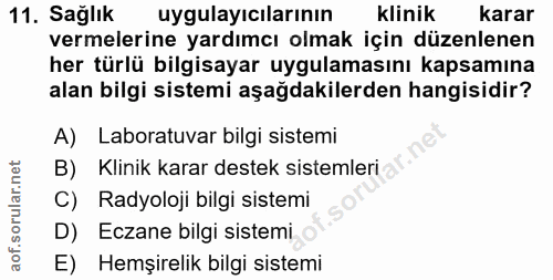 11. soru: Sağlık uygulayıcılarının klinik karar vermelerine yardımcı olmak için düzenlenen her türlü bilgisayar uygulamasını ka…