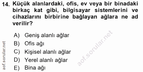 14. soru: Küçük alanlardaki, ofis, ev veya bir binadaki birkaç kat gibi, bilgisayar sistemlerini ve cihazlarını birbirine bağla…