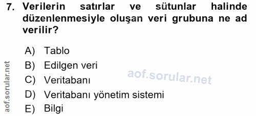 7. soru: Verilerin satırlar ve sütunlar halinde düzenlenmesiyle oluşan veri grubuna ne ad verilir? A) Tablo B) Edilgen veri C)…