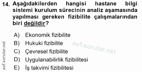 14. soru: Aşağıdakilerden hangisi hastane bilgi sistemi kurulum sürecinin analiz aşamasında yapılması gereken fizibilite çalışm…