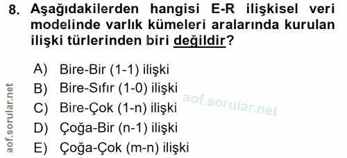 8. soru: Aşağıdakilerden hangisi E-R ilişkisel veri modelinde varlık kümeleri aralarında kurulan ilişki türlerinden biri değil…