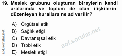 19. soru: Meslek grubunu oluşturan bireylerin kendi aralarında ve toplum ile olan ilişkilerini düzenleyen kurallara ne ad veril…