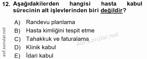 12. soru: Aşağıdakilerden hangisi hasta kabul sürecinin alt işlevlerinden biri değildir? A) Randevu planlama B) Tahakkuk ve fat…