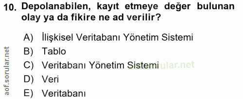10. soru: Depolanabilen, kayıt etmeye değer bulunan olay ya da fikire ne ad verilir? A) Ilişkisel Veritabanı Yönetim Sistemi B)…