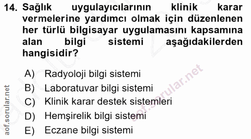 14. soru: Sağlık uygulayıcılarının klinik karar vermelerine yardımcı olmak için düzenlenen her türlü bilgisayar uygulamasını ka…