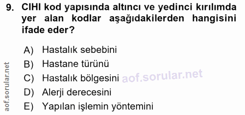 9. soru: CIHI kod yapısında altıncı ve yedinci kırılımda yer alan kodlar aşağıdakilerden hangisini ifade eder? A) Hastalık seb…