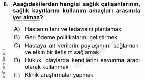 6. soru: Aşağıdakilerden hangisi sağlık çalışanlarının, sağlık kayıtlarını kullanım amaçları arasında yer almaz? A) Hastanın t…