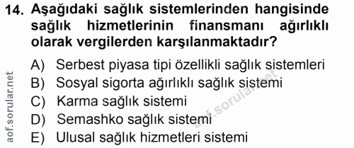 14. soru: Aşağıdaki sağlık sistemlerinden hangisinde sağlık hizmetlerinin finansmanı ağırlıklı olarak vergilerden karşılanmakta…