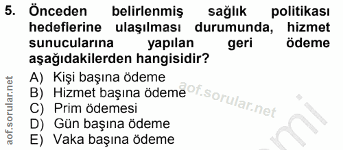 5. soru: Önceden belirlenmiş sağlık politikası hedeflerine ulaşılması durumunda, hizmet sunucularına yapılan geri ödeme aşağıd…
