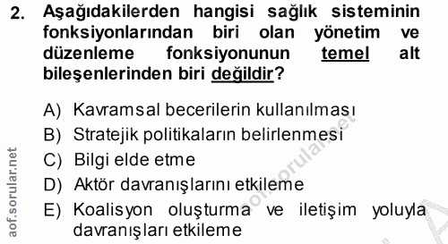 2. soru: Aşağıdakilerden hangisi sağlık sisteminin fonksiyonlarından biri olan yönetim ve düzenleme fonksiyonunun temel alt bi…