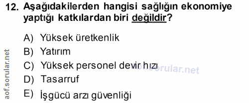 12. soru: Aşağıdakilerden hangisi sağlığın ekonomiye yaptığı katkılardan biri değildir? A) Yüksek üretkenlik B) Yatırım C) Yüks…