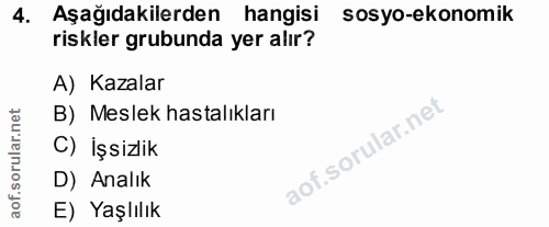 4. soru: Aşağıdakilerden hangisi sosyo-ekonomik riskler grubunda yer alır? A) Kazalar orular.net B) Meslek hastalıkları C) İşs…
