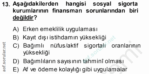 13. soru: Aşağıdakilerden hangisi sosyal sigorta kurumlarının finansman sorunlarından biri değildir? A) Erken emeklilik uygulam…
