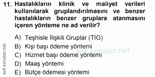 11. soru: Hastalıkların klinik ve maliyet verileri kullanılarak gruplandırılmasını ve benzer hastalıkların benzer gruplara atan…