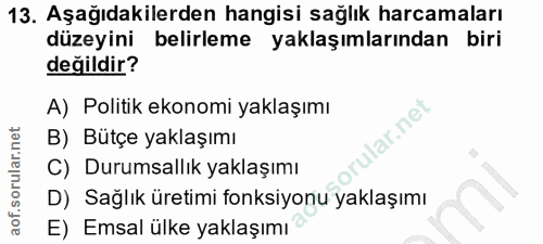 13. soru: Aşağıdakilerden hangisi sağlık harcamaları düzeyini belirleme yaklaşımlarından biri değildir? A) Politik ekonomi yakl…