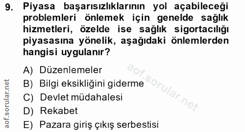 9. soru: Piyasa başarısızlıklarının yol açabileceği problemleri önlemek için genelde sağlık hizmetleri, özelde ise sağlık sigo…