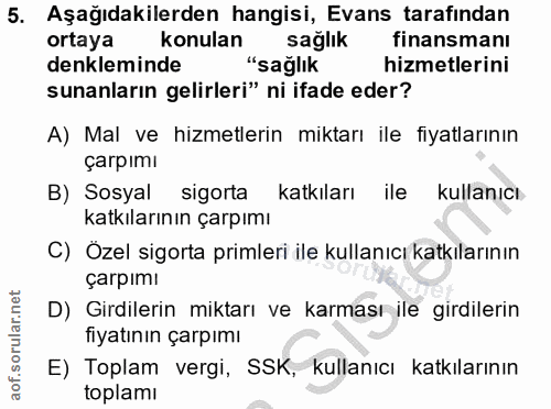 5. soru: Aşağıdakilerden hangisi, Evans tarafindan ortaya konulan sağlık finansmanı denkleminde "sağlık hizmetlerini sunanları…