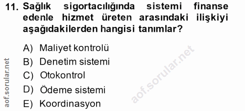 11. soru: Sağlık sigortacılığında sistemi finanse edenle hizmet üreten arasındaki ilişkiyi aşağıdakilerden hangisi tanımlar? A)…