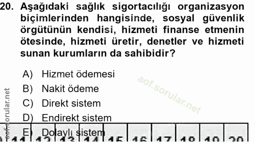 20. soru: Aşağıdaki sağlık sigortacılığı organizasyon biçimlerinden hangisinde, sosyal güvenlik örgütünün kendisi, hizmeti fina…