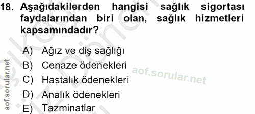 18. soru: Aşağıdakilerden hangisi sağlık sigortası faydalarından biri olan, sağlık hizmetleri kapsamındadır? A) Ağız ve diş sağ…