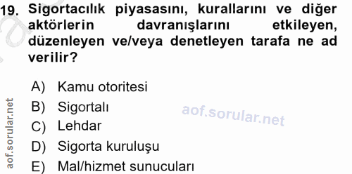 19. soru: Sigortacılık piyasasını, kurallarını ve diğer aktorlerin davranışlarını etkileyen, düzenleyen ve/veya denetleyen tara…