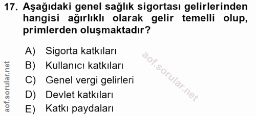 17. soru: Aşağıdaki genel sağlık sigortası gelirlerinden hangisi ağırlıklı olarak gelir temelli olup, primlerden oluşmaktadır?…