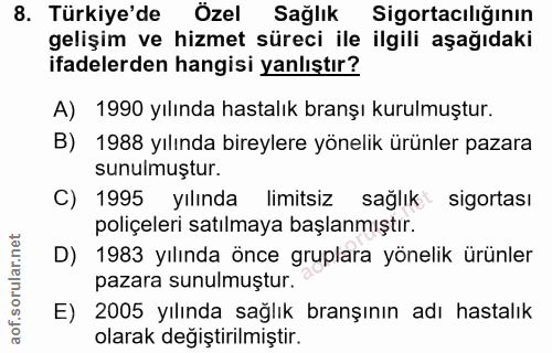 8. soru: Türkiye'de Özel Sağlık Sigortacılığının gelişim ve hizmet süreci ile ilgili aşağıdaki ifadelerden hangisi yanlıştır?…