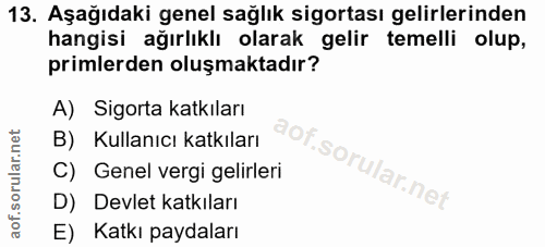 13. soru: Aşağıdaki genel sağlık sigortası gelirlerinden hangisi ağırlıklı olarak gelir temelli olup, primlerden oluşmaktadır?…