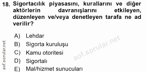 18. soru: Sigortacılık piyasasını, kurallarını ve diğer aktörlerin davranışlarını etkileyen, düzenleyen ve/veya denetleyen tara…
