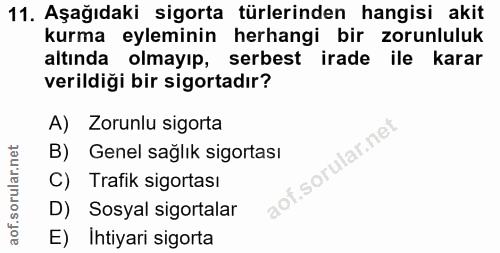11. soru: Aşağıdaki sigorta türlerinden hangisi akit kurma eyleminin herhangi bir zorunluluk altında olmayıp, serbest irade ile…