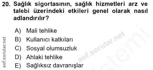 20. soru: Sağlık sigortasının, sağlık hizmetleri arz ve talebi üzerindeki etkileri genel olarak nasıl adlandırılır? A) Mali teh…