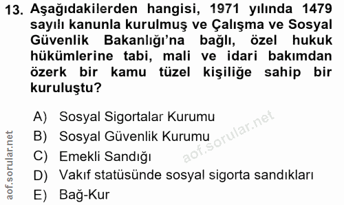 13. soru: Aşağıdakilerden hangisi, 1971 yılında 1479 sayılı kanunla kurulmuş ve Çalışma ve Sosyal Güvenlik Bakanlığı'na bağlı,…
