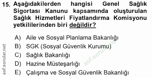 15. soru: Aşağıdakilerden hangisi Genel Sağlık Sigortası Kanunu kapsamında oluşturulan Sağlık Hizmetleri Fiyatlandırma Komisyon…