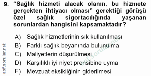 9. soru: "Sağlık hizmeti alacak olanın, bu hizmete gerçekten ihtiyacı olması" gerektiği görüşü özel sağlık sigortacılığında ya…